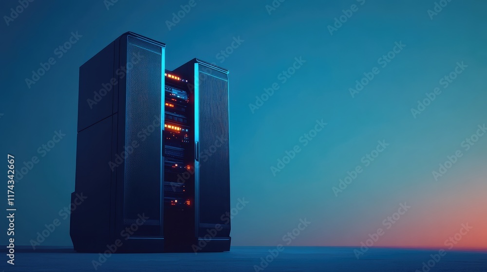 Poster minimalist design of interconnected edge devices and servers glowing in neon blue on a plain gradien