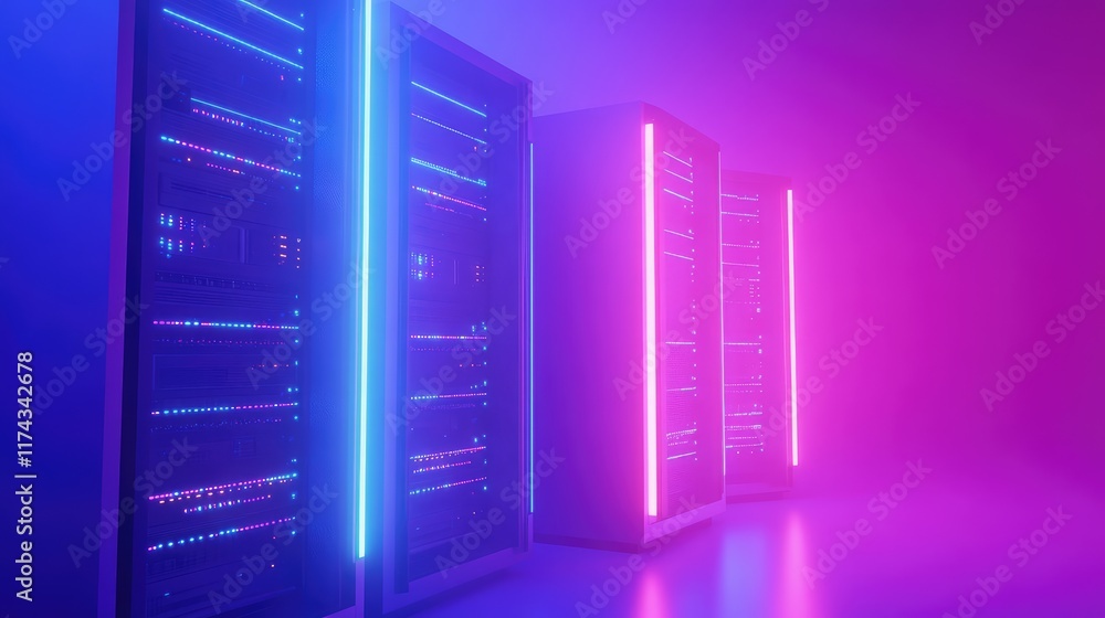 Poster minimalist design of interconnected edge devices and servers glowing in neon blue on a plain gradien