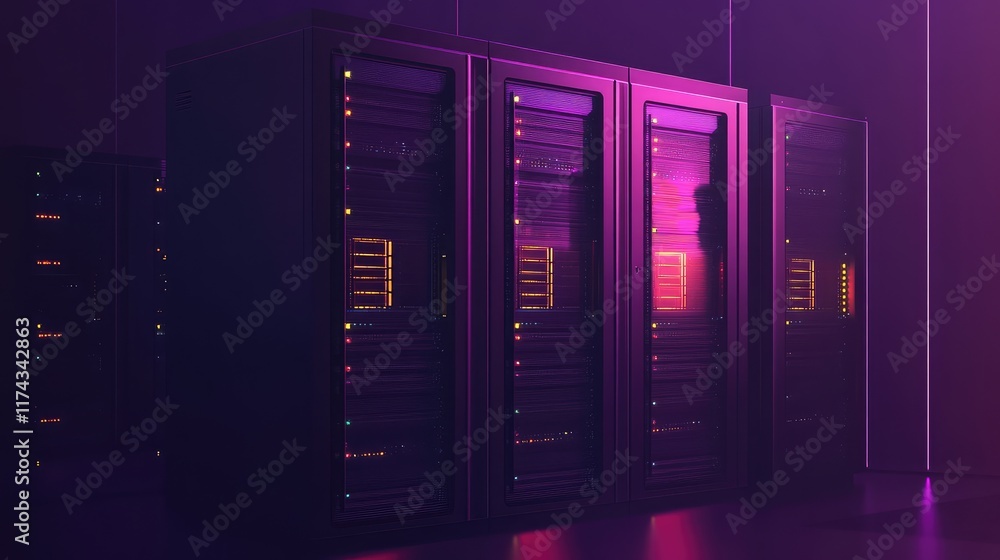 Poster stylized data center with edge computing devices glowing under soft light, surrounded by dark copy s