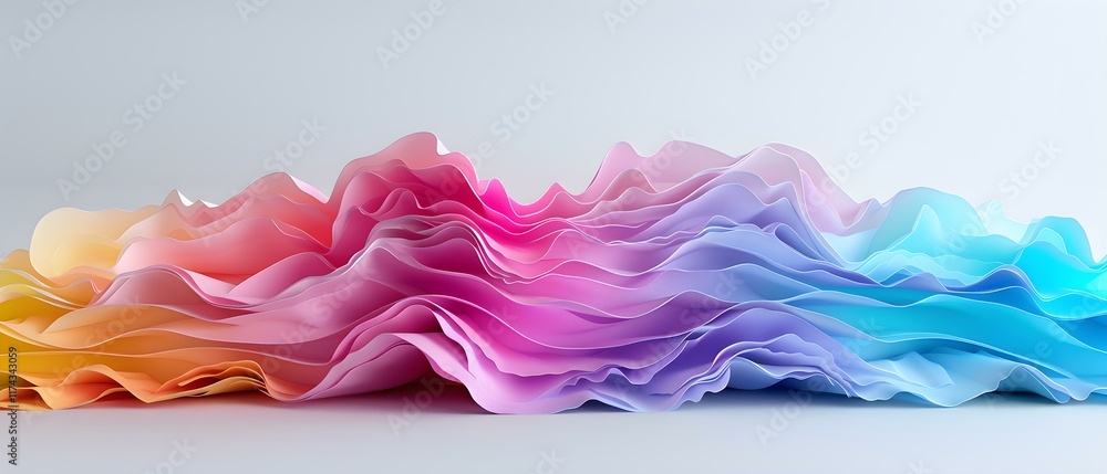Poster colorful abstract waves of soft paper in gradient tones with flowing texture and fluid movement agai