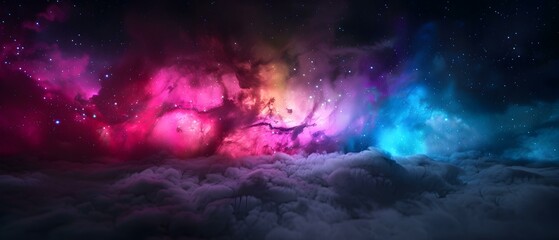 Fototapeta premium Stunning Cosmic Nebula with Colorful Swirls and Stars Over a Cloudy Night Sky