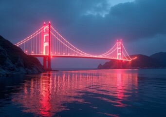 Obraz premium Beautiful illuminated bridge at dusk reflecting in calm water