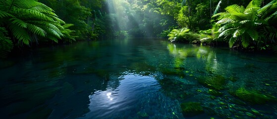 Fototapeta premium Tranquil river scene in a lush green rainforest with vibrant foliage and soft sunlight filtering through trees