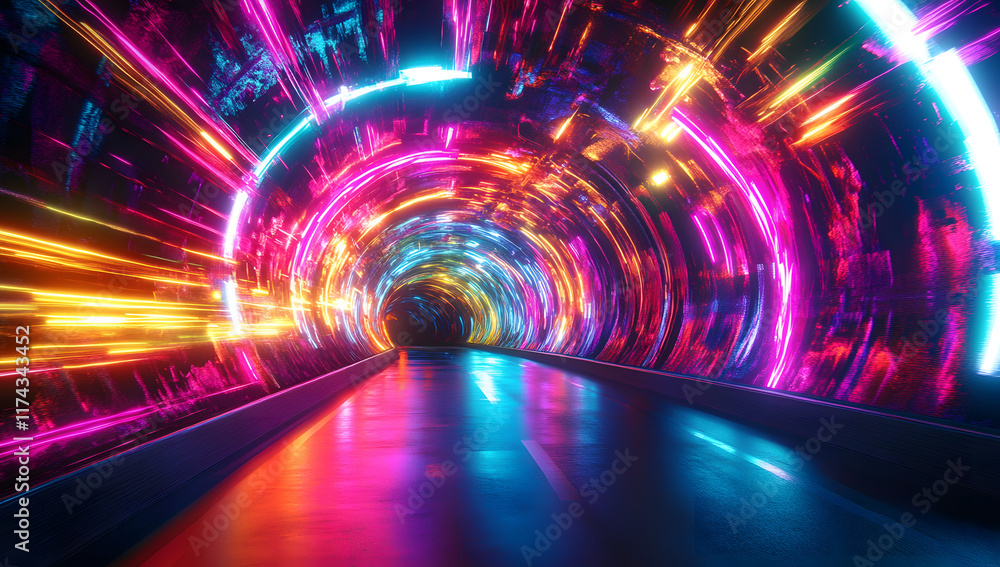 Sticker An abstract modern tunnel with bright glowing neon lights