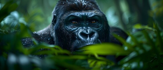 Majestic Gorilla Observing Its Surroundings in Lush Green Tropical Jungle with Rich Textures and Dramatic Lighting