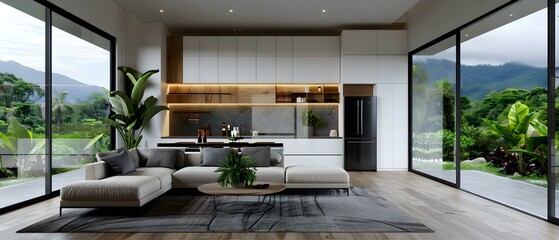 Modern minimalist kitchen and living room interior design with large windows overlooking lush green landscape and mountain view