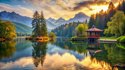 Naklejka premium serene lake surrounded by mountains and trees at sunset