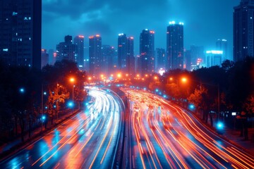 Fototapeta premium Night cityscape with vibrant light trails from cars