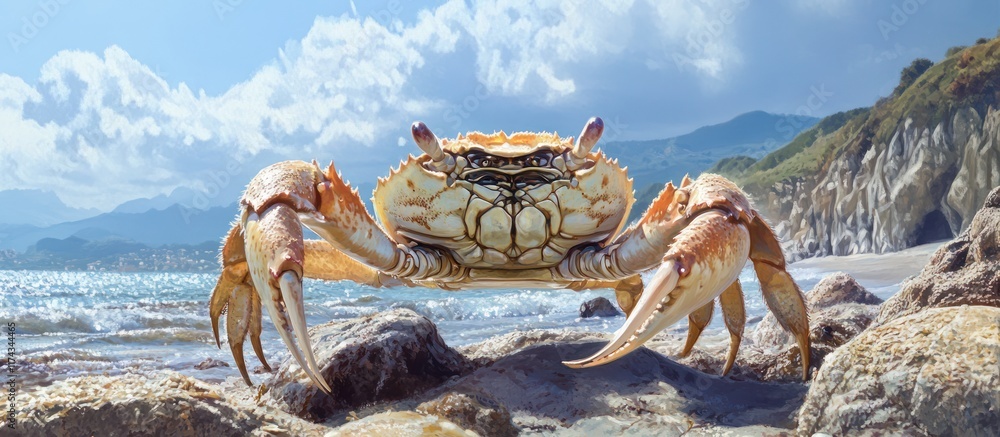 Poster a large crab stands on the beach with waves crashing behind it and mountains in the background.