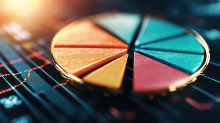 Obraz premium A close-up view of a colorful pie chart on a digital background, representing data analysis and visualization in a financial or business context.