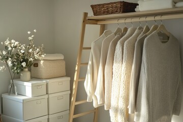 Modern wardrobe with neutral-toned clothing and storage boxes