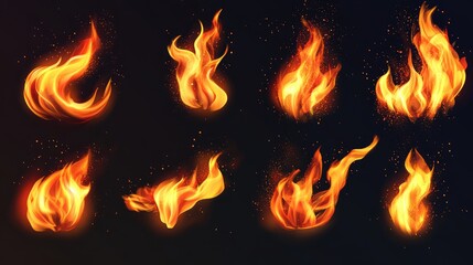 Fototapeta premium Fire collection PNG. Realistic Fire Flames white on without background. Burning red wildfire flames set, burn bonfire silhouette and blazing fiery spurts of flame