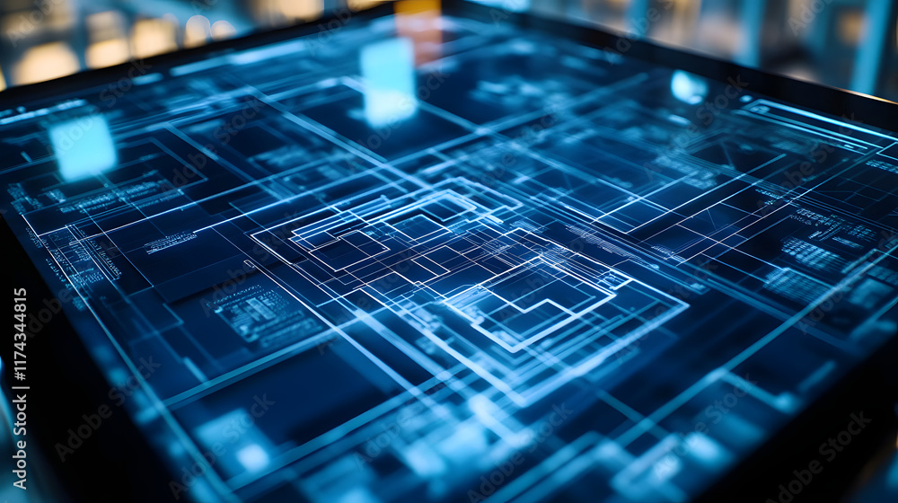 Poster a closeup of a bim model on a large touchscreen tablet with detailed annotations and measurements di