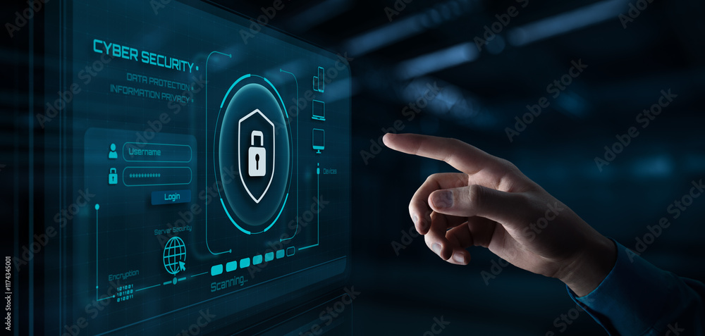 Poster hand touching cyber protection interface: data privacy and security concept
