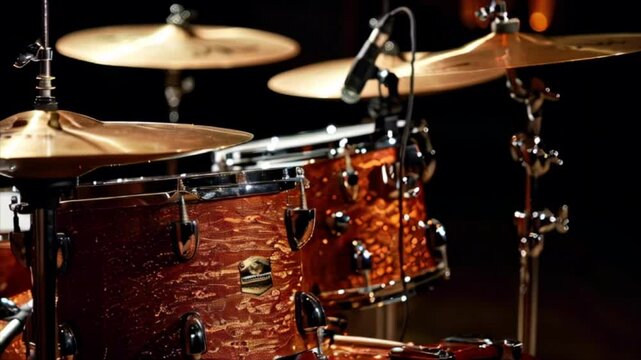 Brown drum set closeup on black background. Musical drum kit in studio