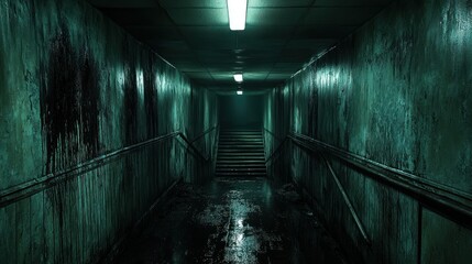 A dimly lit, eerie corridor with wet walls and stairs leading into darkness.