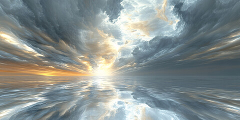 A surreal, dreamy seascape with a vibrant sunset reflecting on a calm ocean.