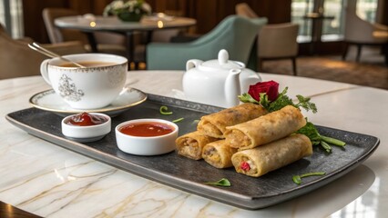 Fusion Appetizer Plate with Soy Sauce and Dipping Sauces