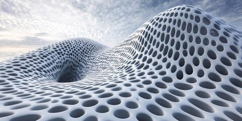 A digital 3D rendering of an abstract, cellular landscape under a cloudy sky.