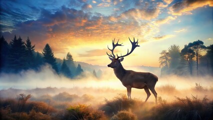 Naklejka premium Red Deer Stag Silhouette Mist Double Exposure AI Art