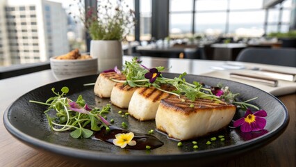 Modern Grilled Mochi Dish with Edible Flowers and Fresh Herbs