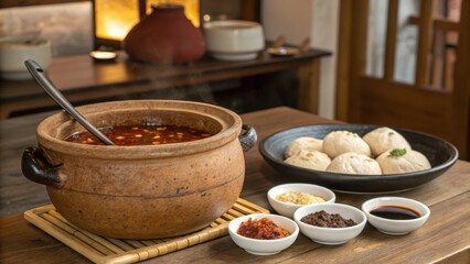Rustic Clay Pot of Chili Oil with Ladle and Accompaniments