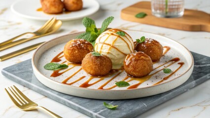 Sweet Potato Balls Dessert Platter with Ice Cream and Caramel Sauce