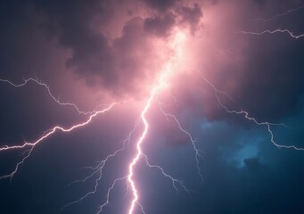 Dramatic lightning strikes illuminate a stormy night sky over a dark landscape