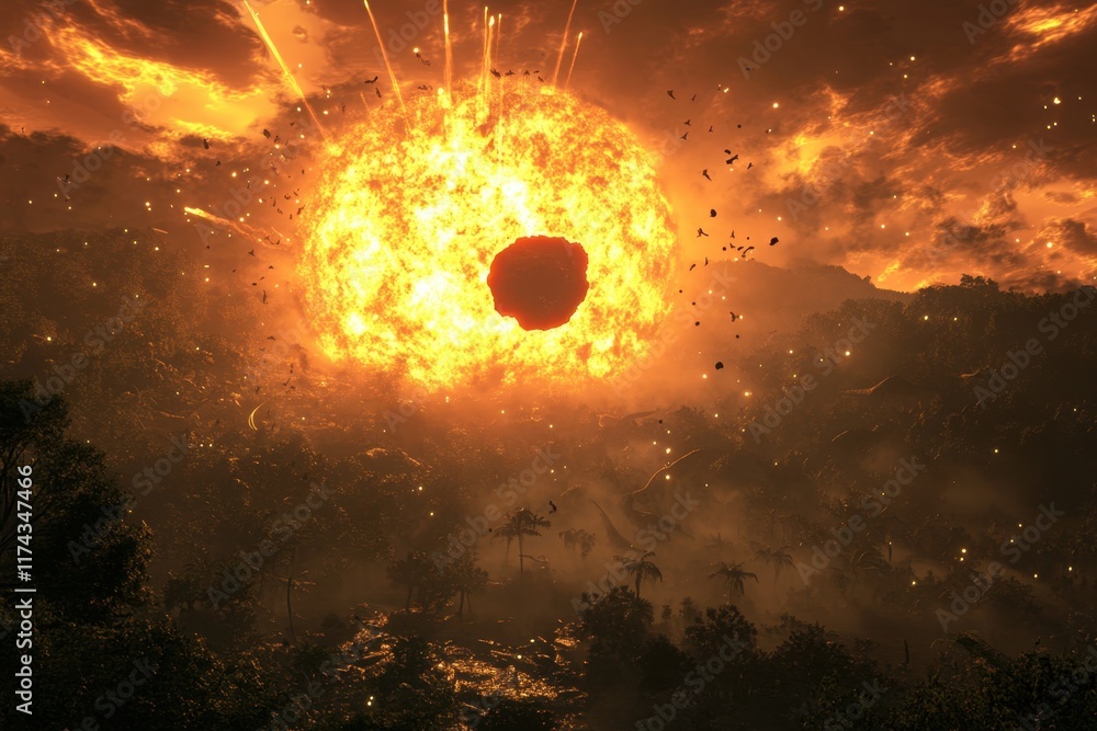 Poster a large orange sun is exploding in the sky, surrounded by a forest