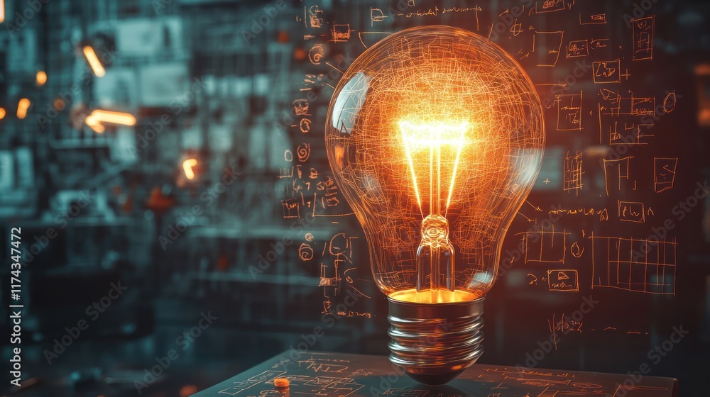 Poster a glowing light bulb on a book with a blurred background of mathematical formulas.