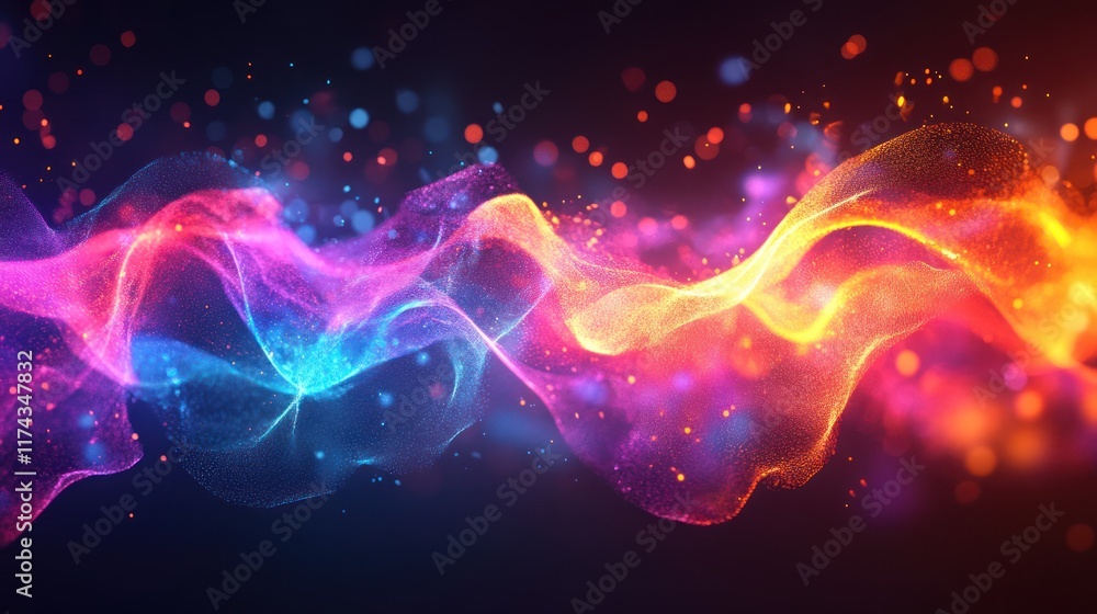 Poster abstract colorful wave with glowing particles and bokeh effect on a black background.