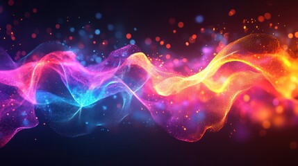 Abstract colorful wave with glowing particles and bokeh effect on a black background.