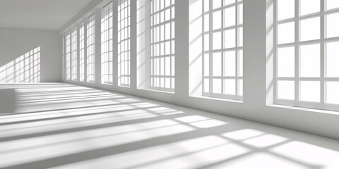 A bright, minimalist room filled with sunlight streaming through large windows casting dramatic shadows on the floor.