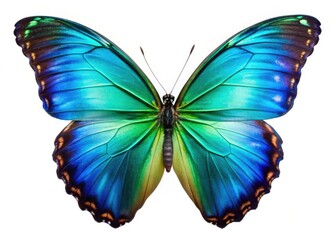Obraz premium High-resolution macro captures a Morpho peleides, wings open, showcasing vibrant green-blue gradient iridescence.