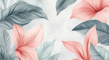 Floral decorative wallpaper in pastel color tones. Delicate, light-toned pattern with botanical elements. Nature-inspired poster for accent wall.