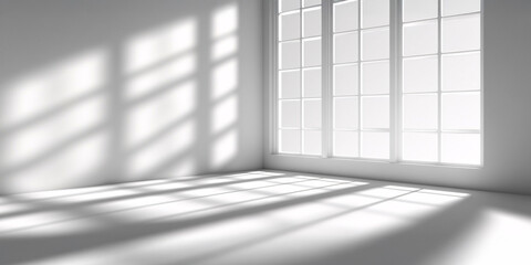 Sunlight streams through a large window, casting dramatic shadows across a minimalist white room.