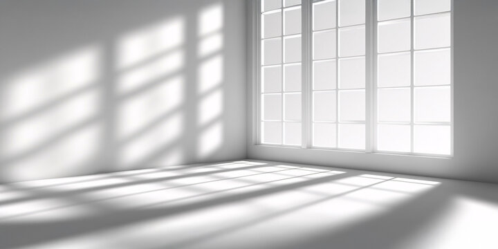 Sunlight streams through a large window, casting dramatic shadows across a minimalist white room.