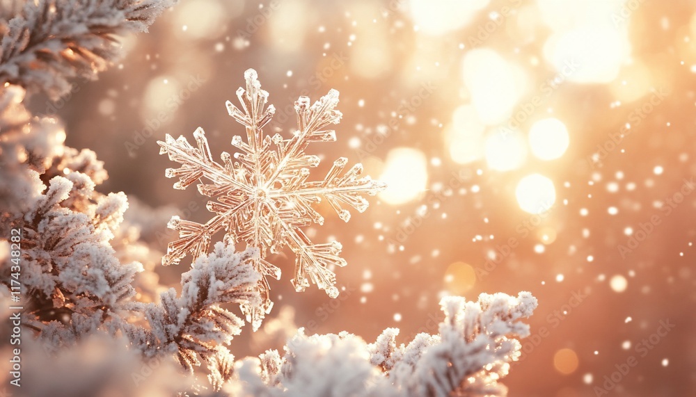 Poster a close-up of a snowflake on a frosted branch with a warm, glowing background.