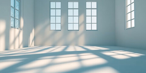 A minimalist empty room bathed in soft sunlight streaming through large windows, casting gentle shadows on the floor.