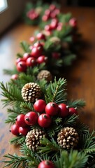 Holiday Garland With Red Berries, Pine Cones And Green Needles