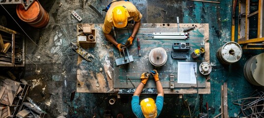 Two skilled carpenters collaboratively constructing a wooden table in a neatly arranged workshop