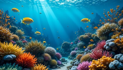 Naklejka premium Vibrant Reef: Sunlit Coral Garden with Yellow Fish