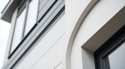 Close-up view of a modern building's exterior.  Features off-white siding, dark gray horizontal cladding, and dark-framed windows.  A curved architectural detail is prominent near a window.