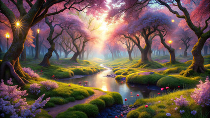 Fototapeta premium whimsical springtime forest glade with soft morning light and vibrant flowers