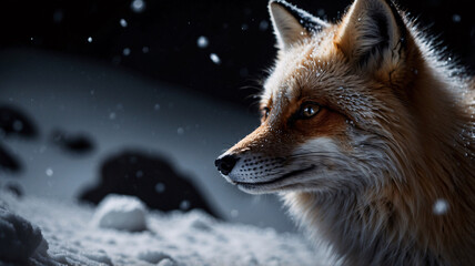 Fototapeta premium Professional winter photography of a snow fox in the snow snowflakes on its fur and a dark background for a dramatic effect