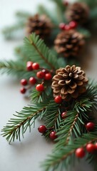 Evergreen Branches With Pine Cones And Red Cranberry Berries