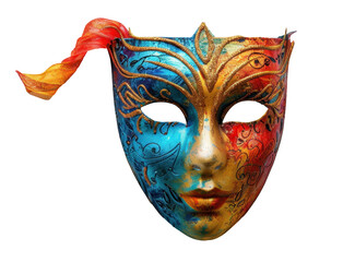 carnival mask with shades of blue, red, and gold, with patterns and glittery accents. themes of...