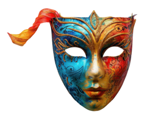carnival mask with shades of blue, red, and gold, with patterns and glittery accents. themes of mystery, celebration, masquerade events