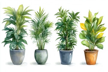 Fototapeta premium A watercolor illustration of four potted plants showcasing various greenery.