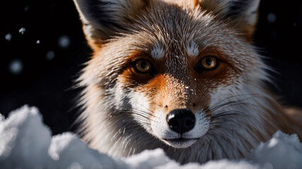 Obraz premium Snow fox in a wintery environment snowflakes on its fur captured with professional photography against a dark moody background